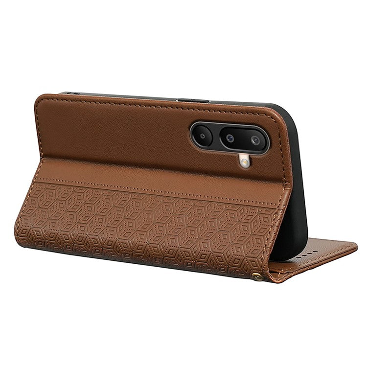 For Samsung Galaxy M16 5G  /  F16 5G Wallet Phone Case Strong Magnetic Checkered Pattern Imprint Leather Flip Cover - Brown