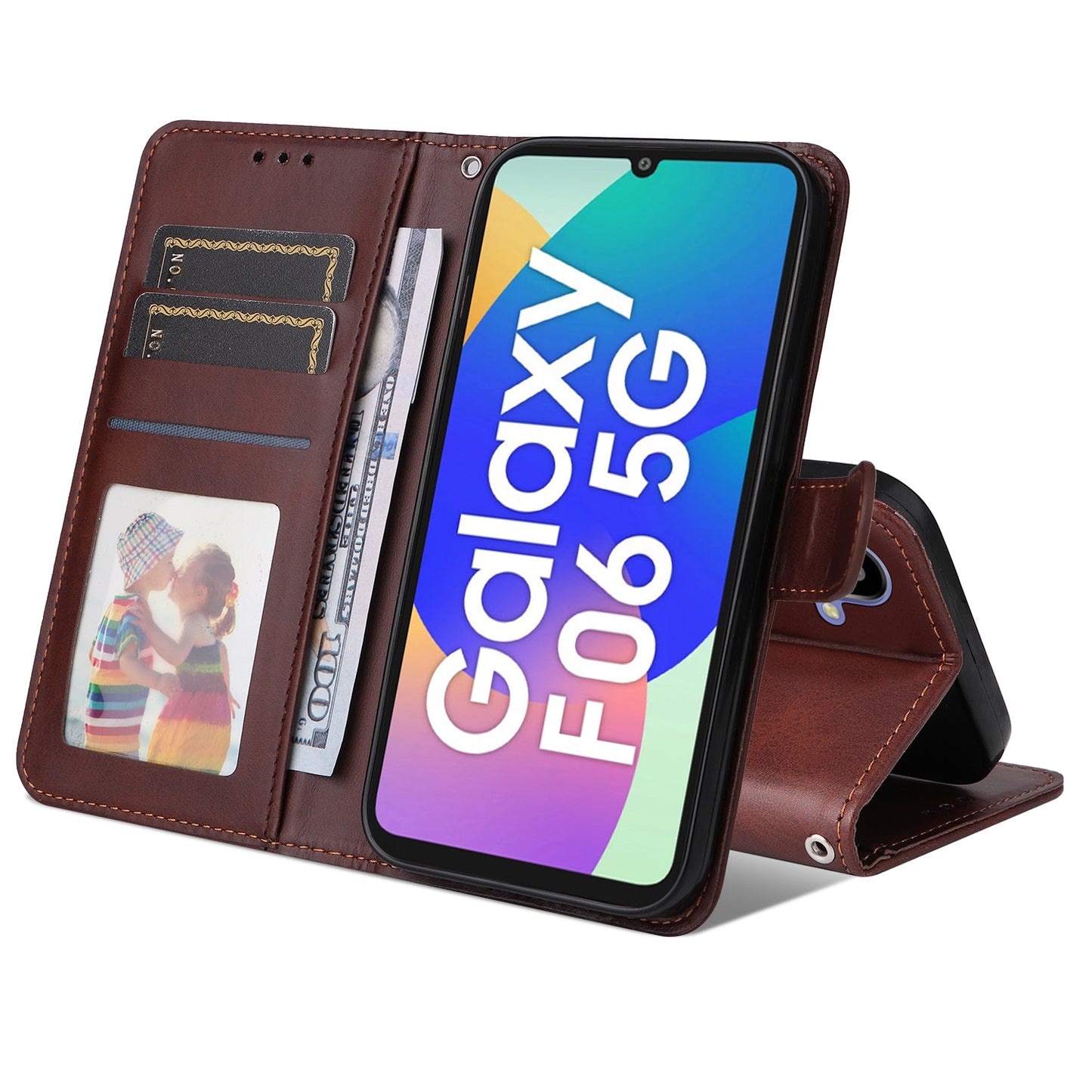For Samsung Galaxy F06 5G Case Wallet PU Leather Folio Flip Phone Cover - Brown