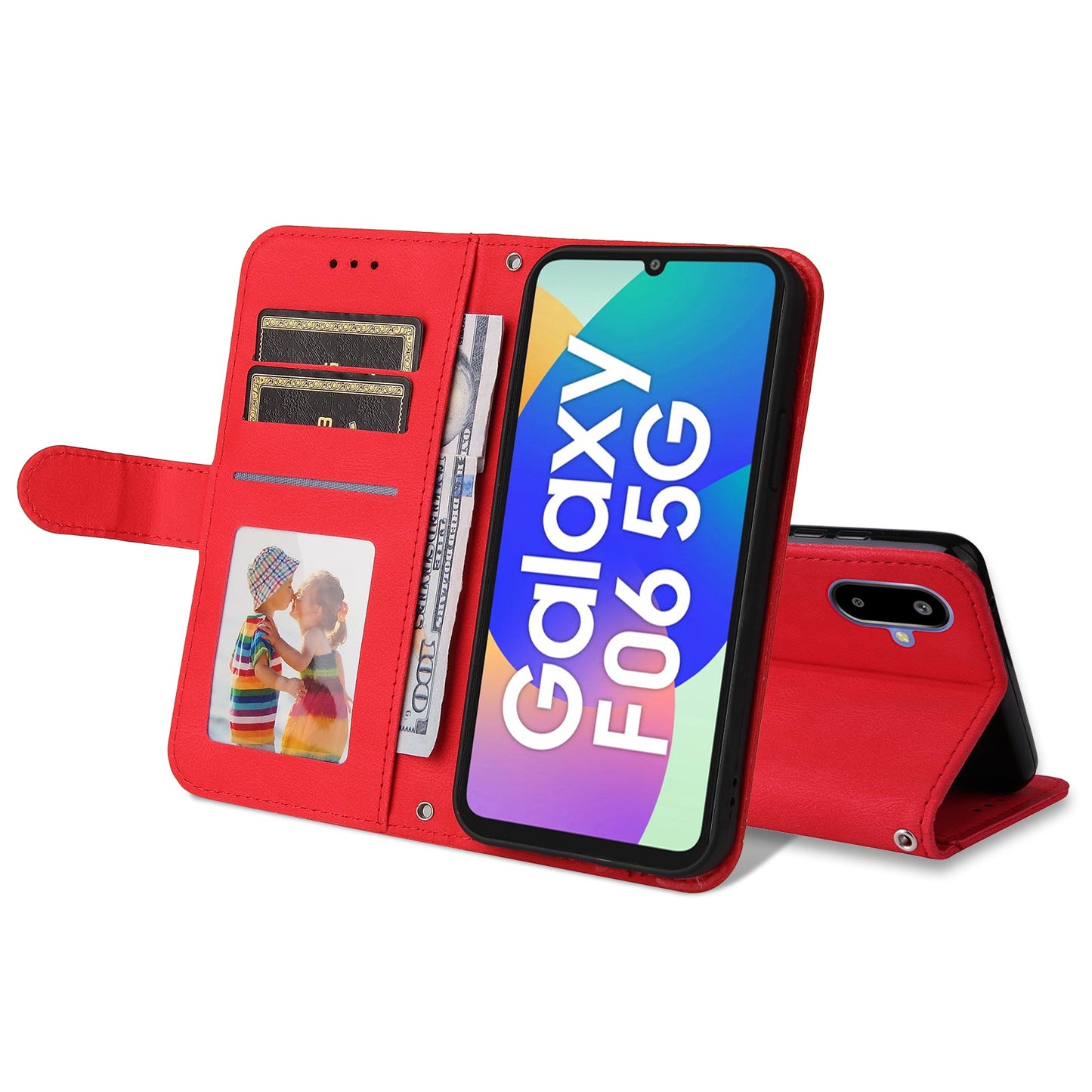 For Samsung Galaxy F06 5G Leather Wallet Cases Skin Touch Phone Cover Stand with Strap - Red