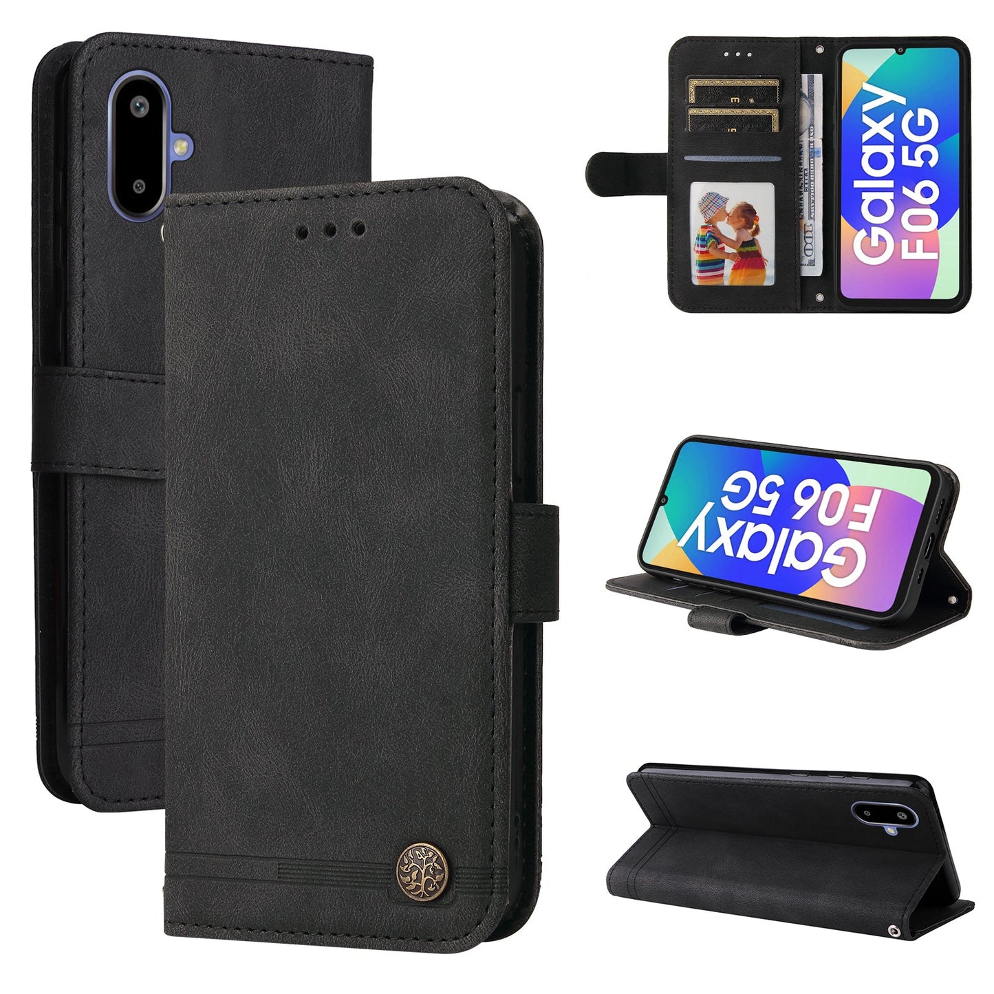 For Samsung Galaxy F06 5G Leather Wallet Cases Skin Touch Phone Cover Stand with Strap - Black