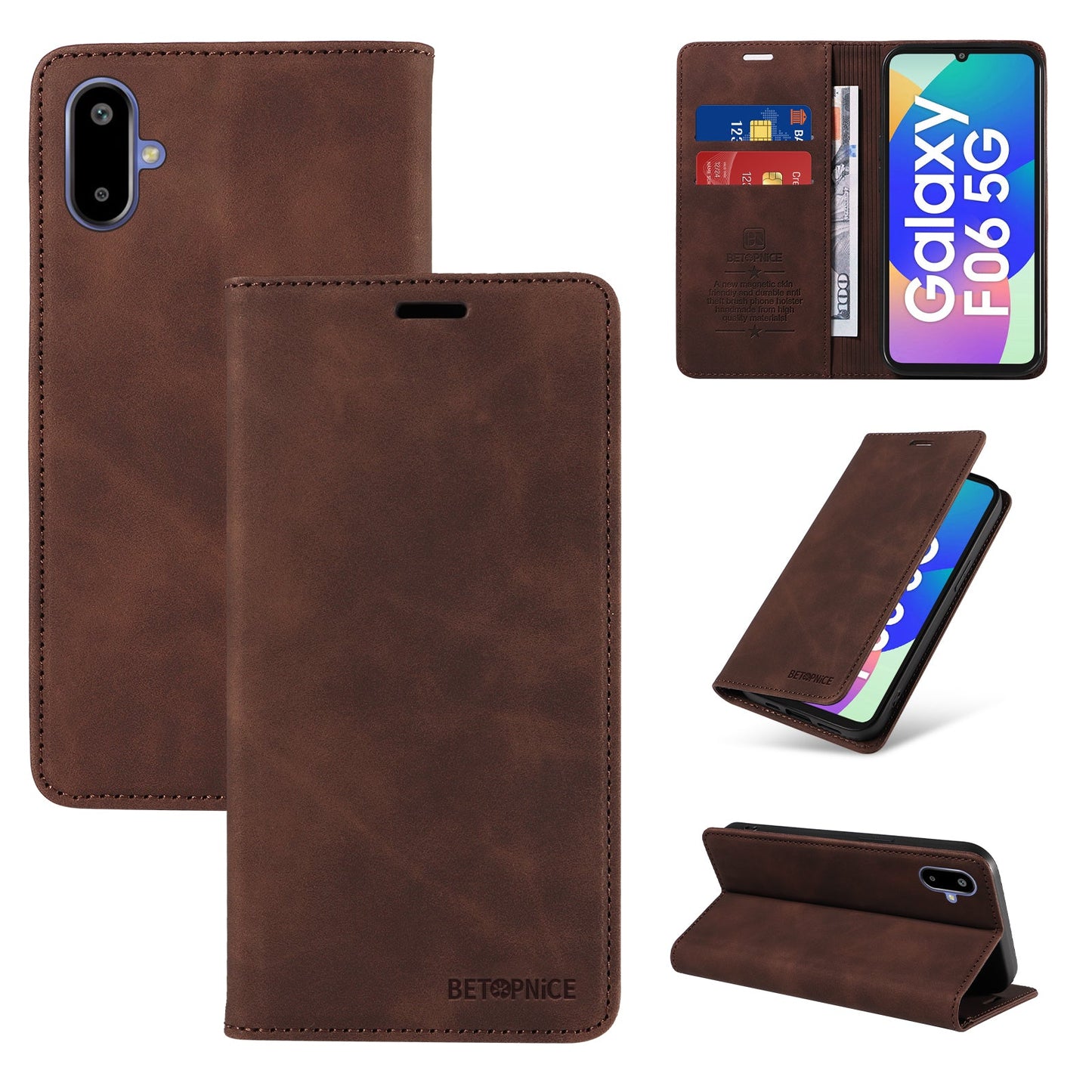 For Samsung Galaxy F06 5G Case BETOPNICE Magnetic Closure RFID Blocking Wallet Stand Leather Phone Cover - Brown