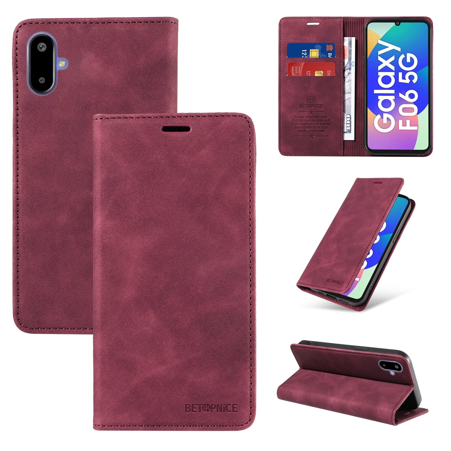For Samsung Galaxy F06 5G Case BETOPNICE Magnetic Closure RFID Blocking Wallet Stand Leather Phone Cover - Red