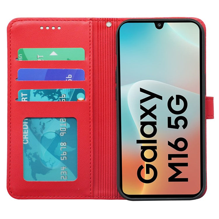For Samsung Galaxy M16 5G  /  F16 5G Wallet Case Magnetic Snap Leather Phone Cover with Strap - Red