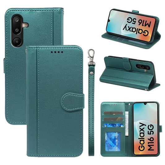 For Samsung Galaxy M16 5G  /  F16 5G Wallet Case Magnetic Snap Leather Phone Cover with Strap - Green