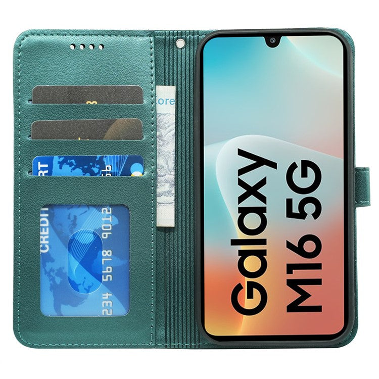 For Samsung Galaxy M16 5G  /  F16 5G Wallet Case Magnetic Snap Leather Phone Cover with Strap - Green