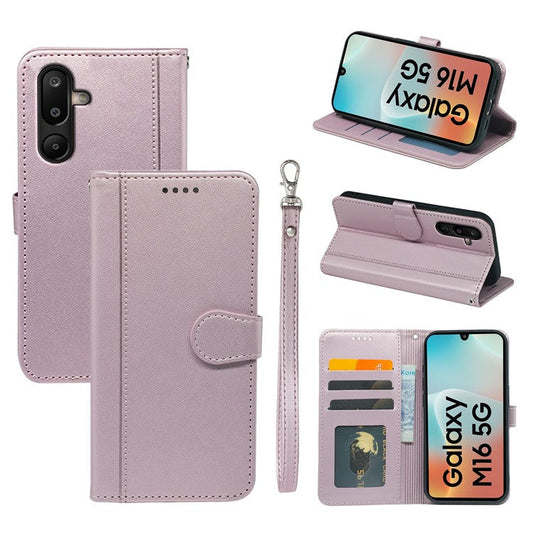 For Samsung Galaxy M16 5G  /  F16 5G Wallet Case Magnetic Snap Leather Phone Cover with Strap - Rose Gold