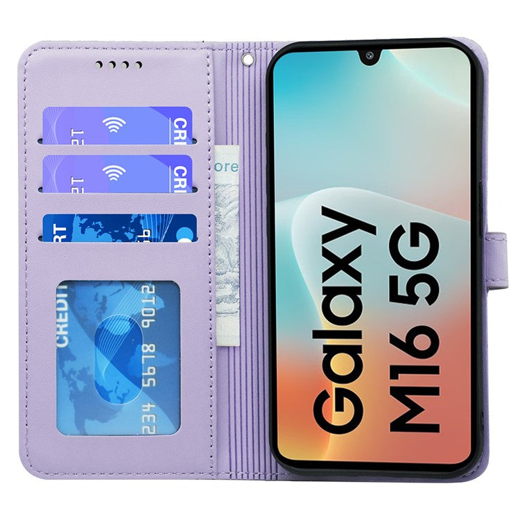 For Samsung Galaxy M16 5G  /  F16 5G Wallet Case Magnetic Snap Leather Phone Cover with Strap - Purple