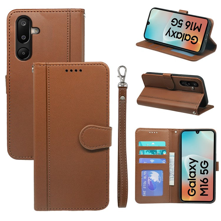 For Samsung Galaxy M16 5G  /  F16 5G Wallet Case Magnetic Snap Leather Phone Cover with Strap - Brown
