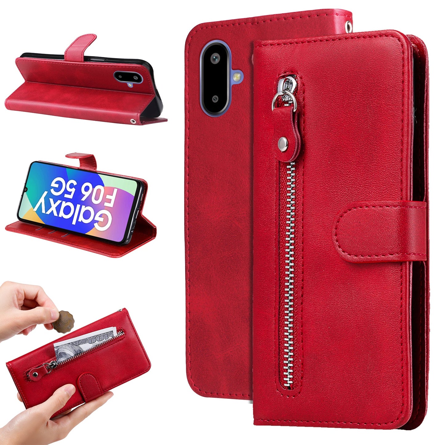 For Samsung Galaxy F06 5G PU Leather Cases with Zipper Pocket Wallet Phone Cover Stand - Red