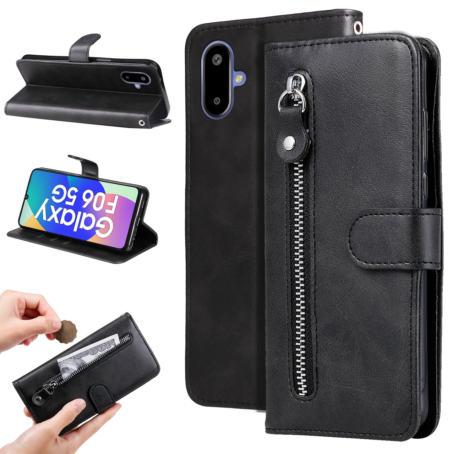 For Samsung Galaxy F06 5G PU Leather Cases with Zipper Pocket Wallet Phone Cover Stand - Black