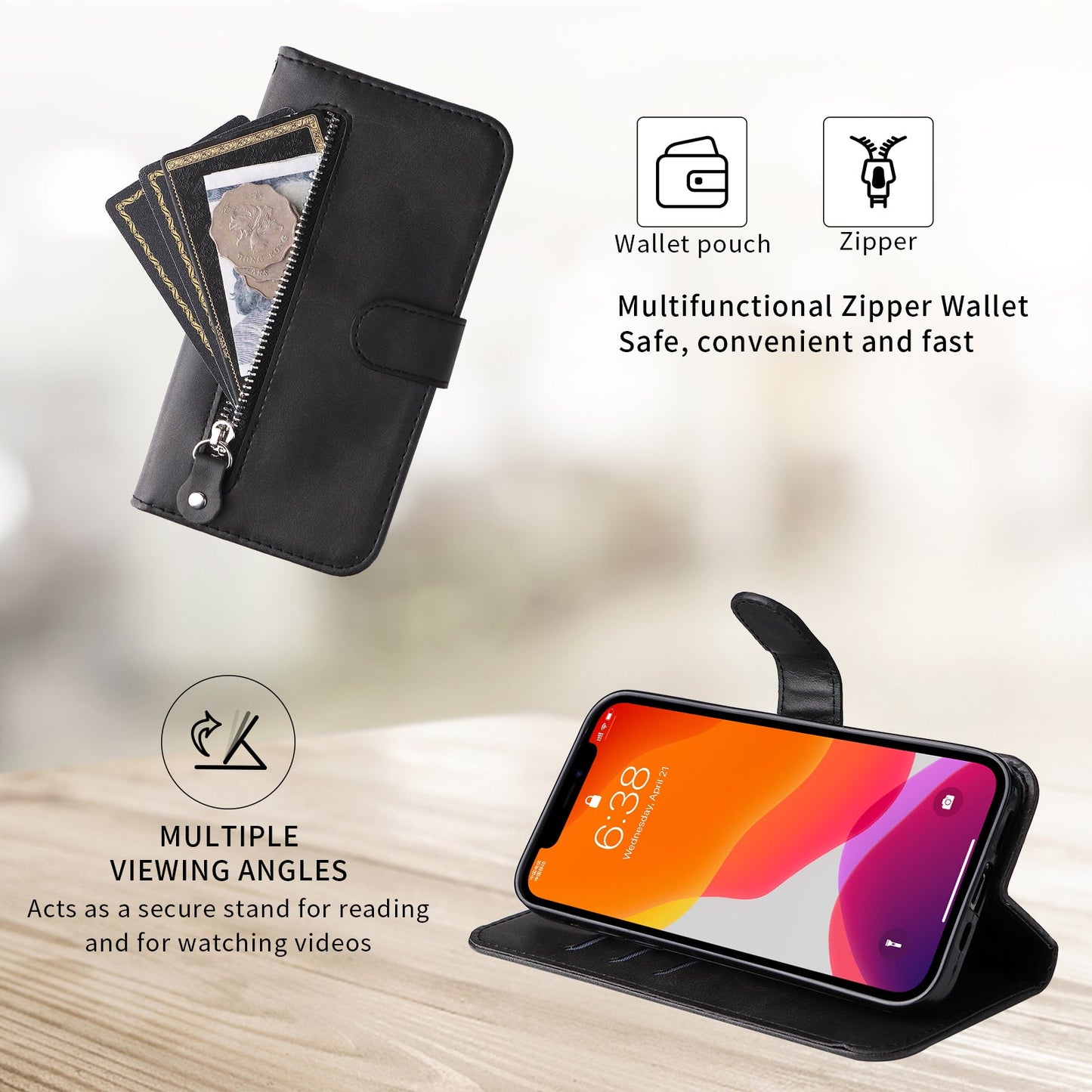 For Samsung Galaxy F06 5G PU Leather Cases with Zipper Pocket Wallet Phone Cover Stand - Black