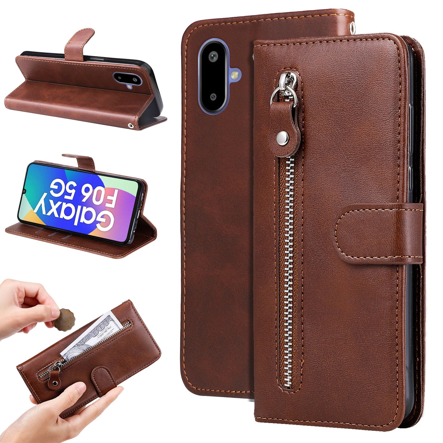 For Samsung Galaxy F06 5G PU Leather Cases with Zipper Pocket Wallet Phone Cover Stand - Brown