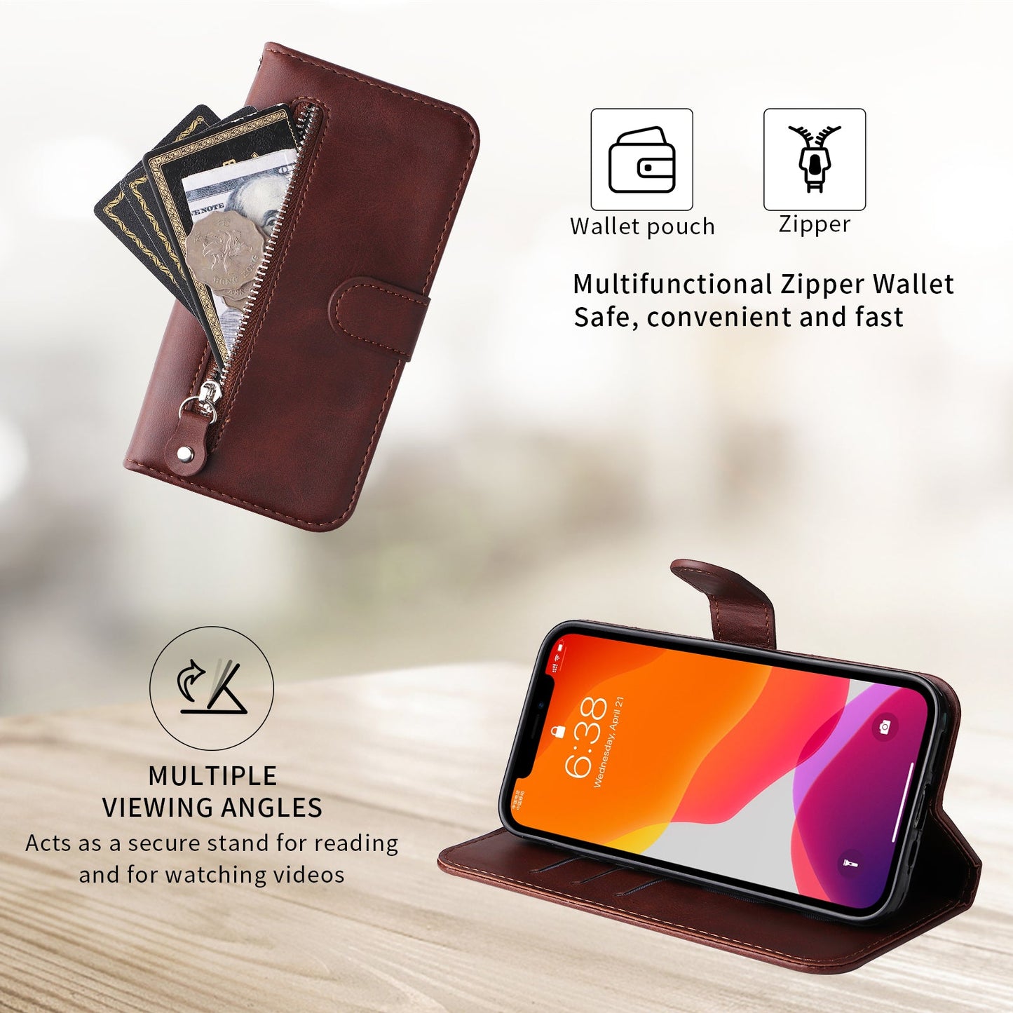 For Samsung Galaxy F06 5G PU Leather Cases with Zipper Pocket Wallet Phone Cover Stand - Brown
