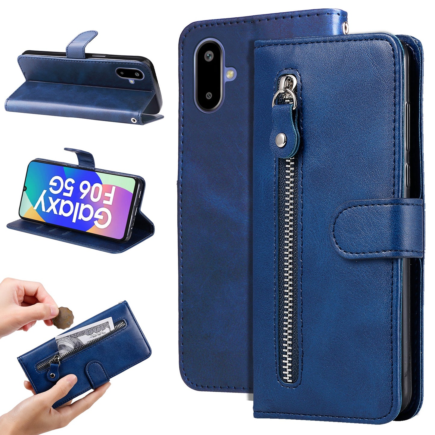 For Samsung Galaxy F06 5G PU Leather Cases with Zipper Pocket Wallet Phone Cover Stand - Blue