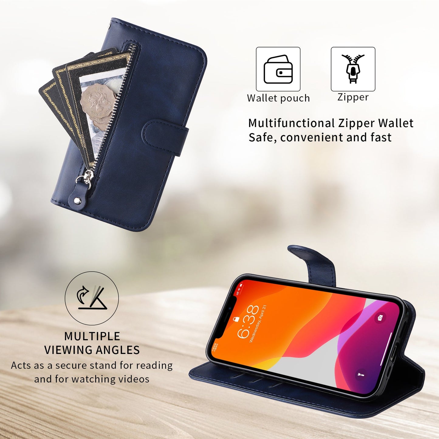 For Samsung Galaxy F06 5G PU Leather Cases with Zipper Pocket Wallet Phone Cover Stand - Blue