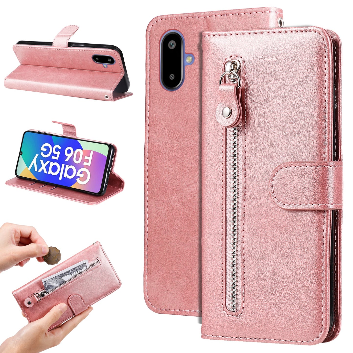 For Samsung Galaxy F06 5G PU Leather Cases with Zipper Pocket Wallet Phone Cover Stand - Pink