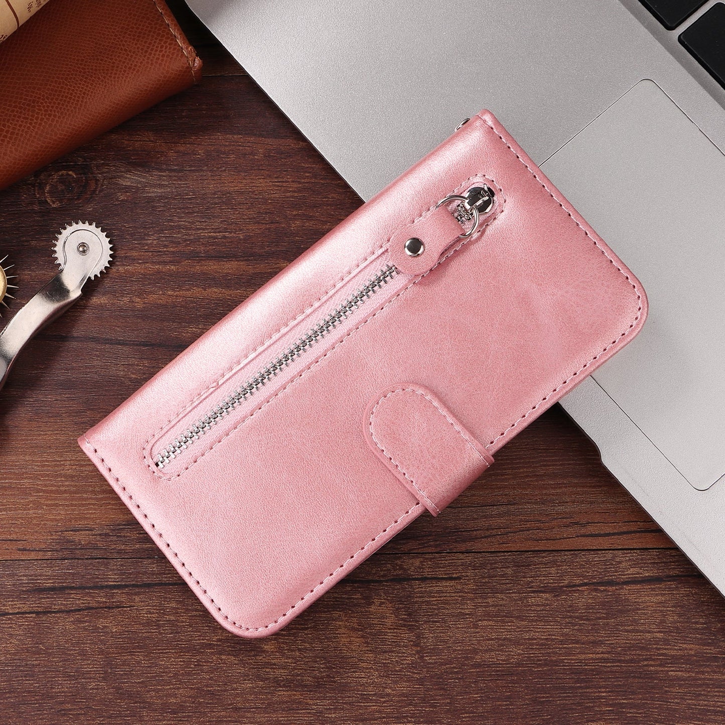 For Samsung Galaxy F06 5G PU Leather Cases with Zipper Pocket Wallet Phone Cover Stand - Pink
