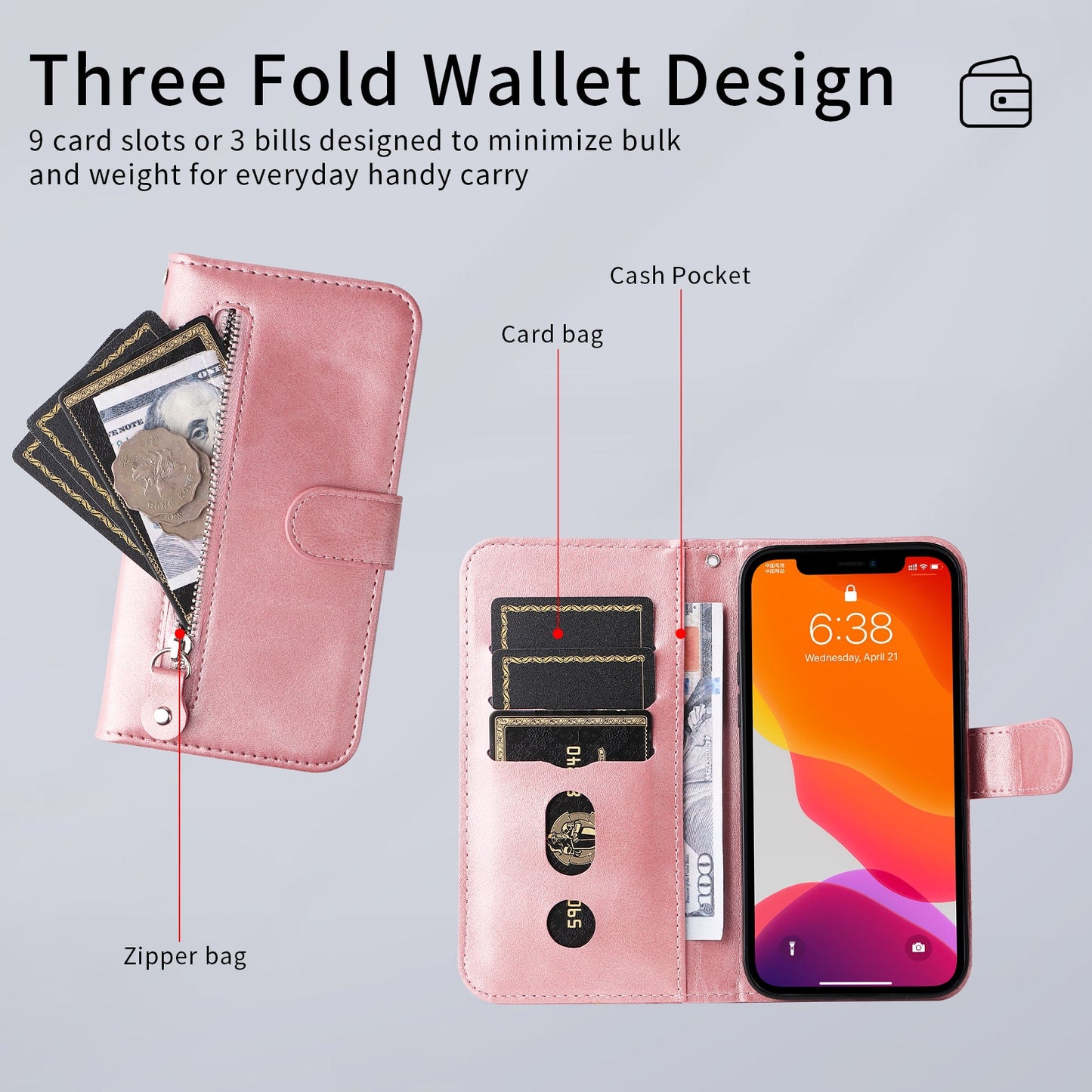 For Samsung Galaxy F06 5G PU Leather Cases with Zipper Pocket Wallet Phone Cover Stand - Pink