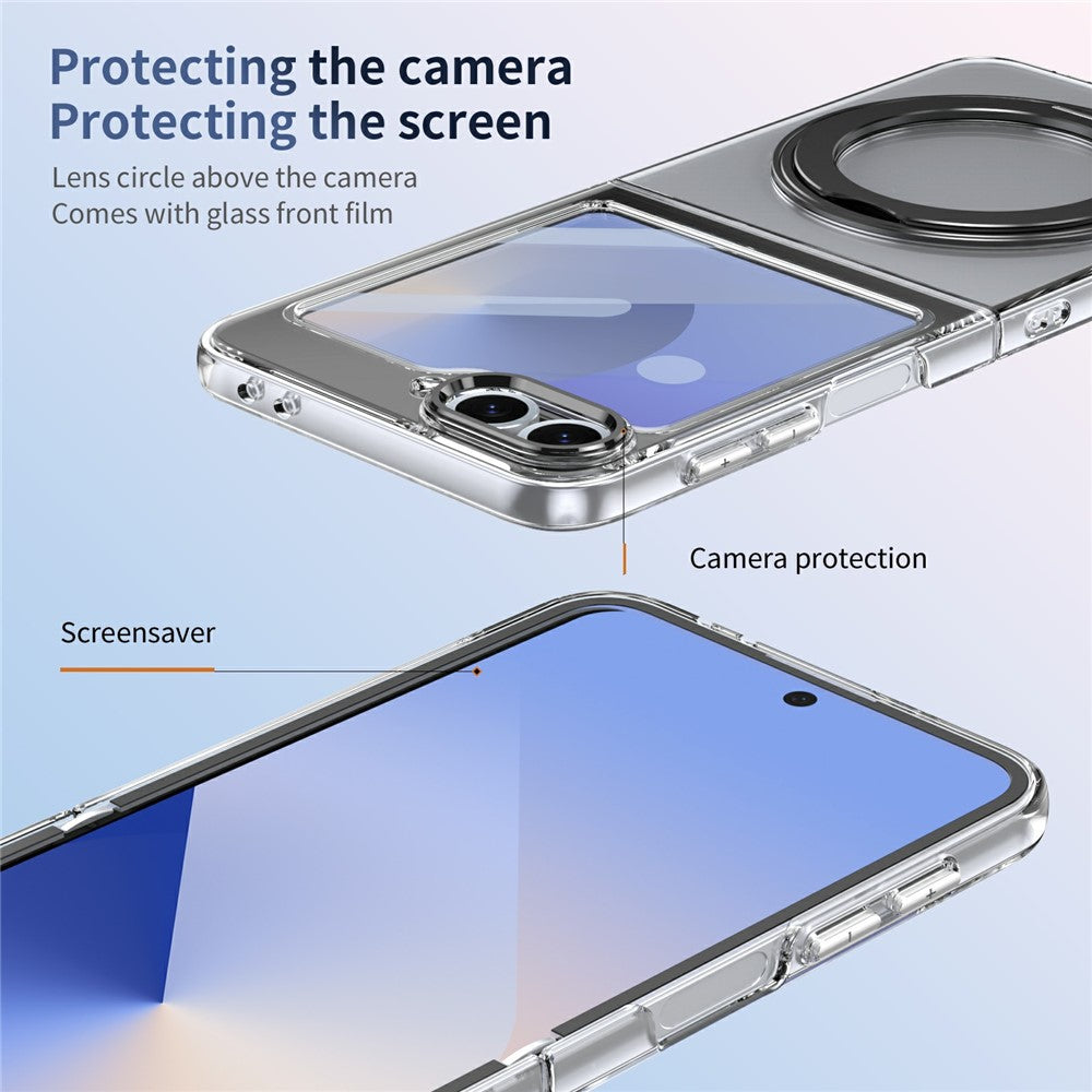 For Samsung Galaxy Z Flip7 FE 5G / Z Flip6 5G Case Magnetic Kickstand Clear PC Phone Cover with HD Screen Film - Black