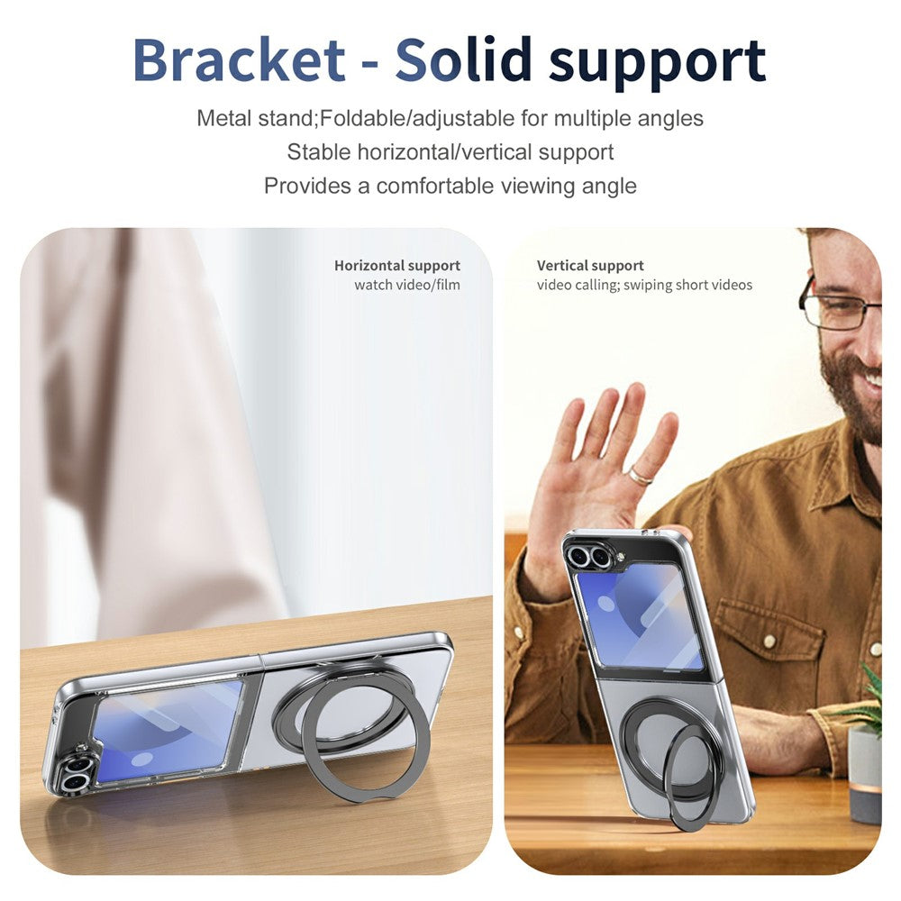 For Samsung Galaxy Z Flip7 FE 5G / Z Flip6 5G Case Magnetic Kickstand Clear PC Phone Cover with HD Screen Film - Black