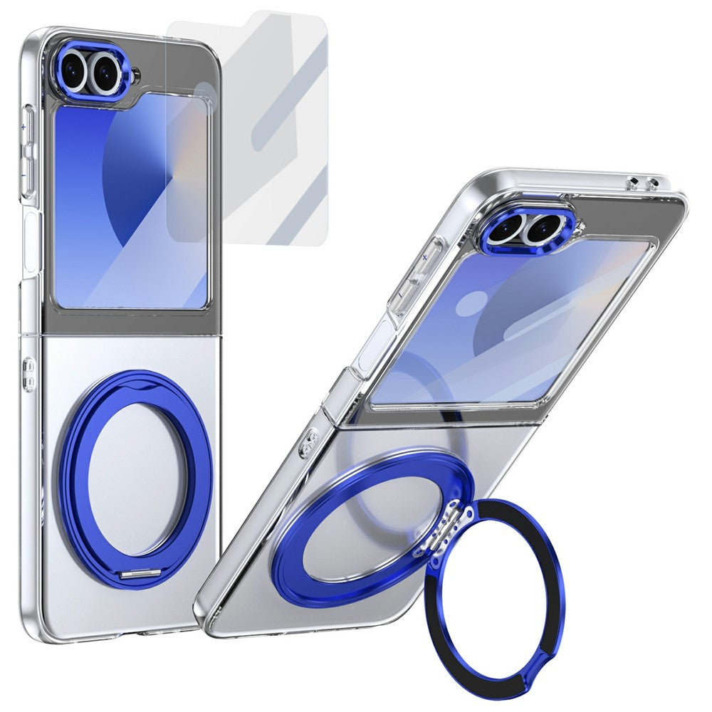 For Samsung Galaxy Z Flip7 FE 5G / Z Flip6 5G Case Magnetic Kickstand Clear PC Phone Cover with HD Screen Film - Blue