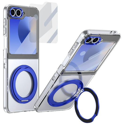 For Samsung Galaxy Z Flip7 FE 5G / Z Flip6 5G Case Magnetic Kickstand Clear PC Phone Cover with HD Screen Film - Blue