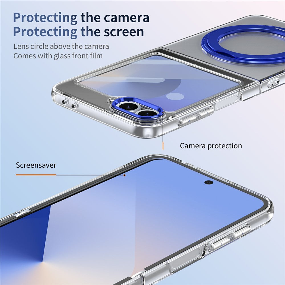 For Samsung Galaxy Z Flip7 FE 5G / Z Flip6 5G Case Magnetic Kickstand Clear PC Phone Cover with HD Screen Film - Blue