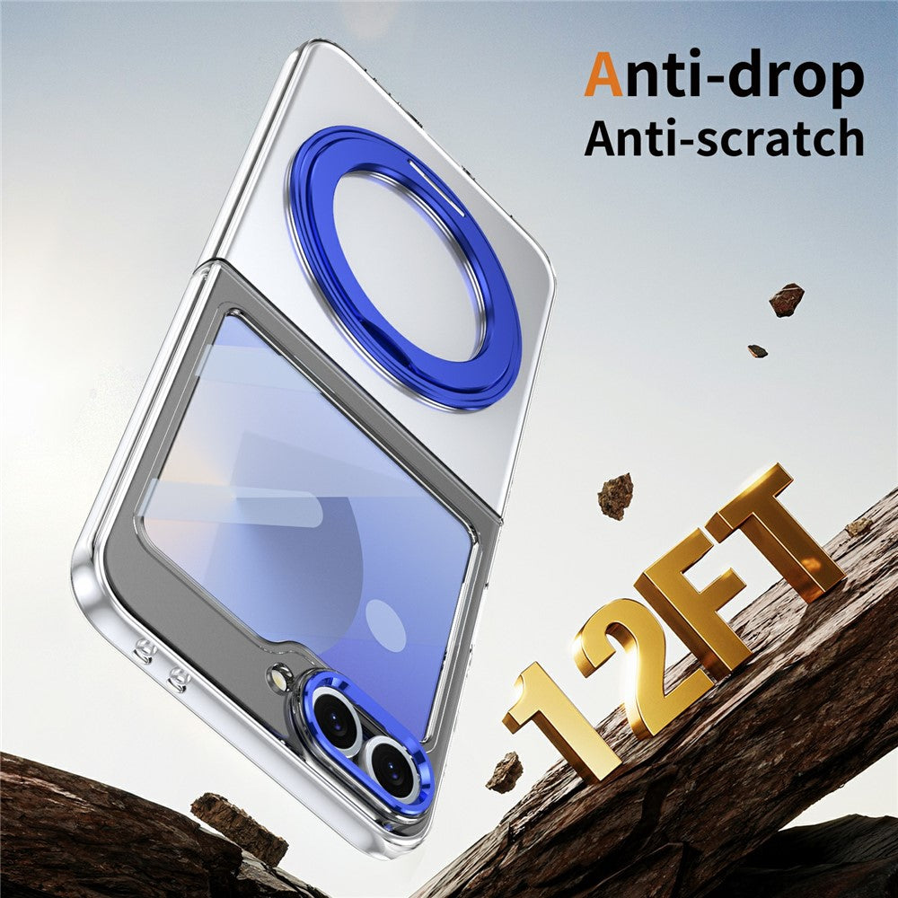 For Samsung Galaxy Z Flip7 FE 5G / Z Flip6 5G Case Magnetic Kickstand Clear PC Phone Cover with HD Screen Film - Blue