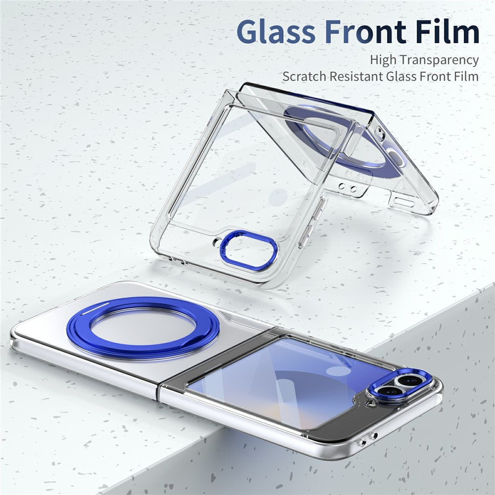 For Samsung Galaxy Z Flip7 FE 5G / Z Flip6 5G Case Magnetic Kickstand Clear PC Phone Cover with HD Screen Film - Blue