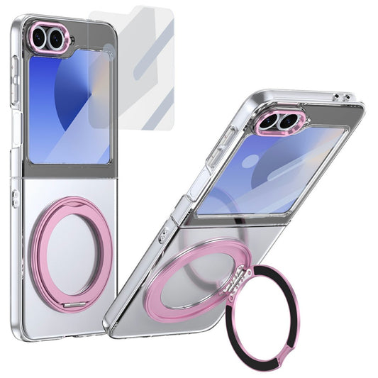 For Samsung Galaxy Z Flip7 FE 5G / Z Flip6 5G Case Magnetic Kickstand Clear PC Phone Cover with HD Screen Film - Pink