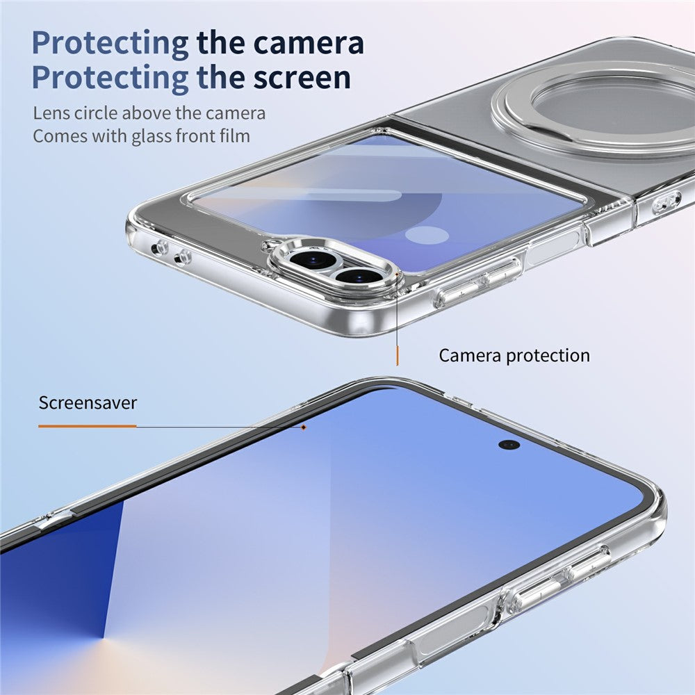 For Samsung Galaxy Z Flip7 FE 5G / Z Flip6 5G Case Magnetic Kickstand Clear PC Phone Cover with HD Screen Film - Silver