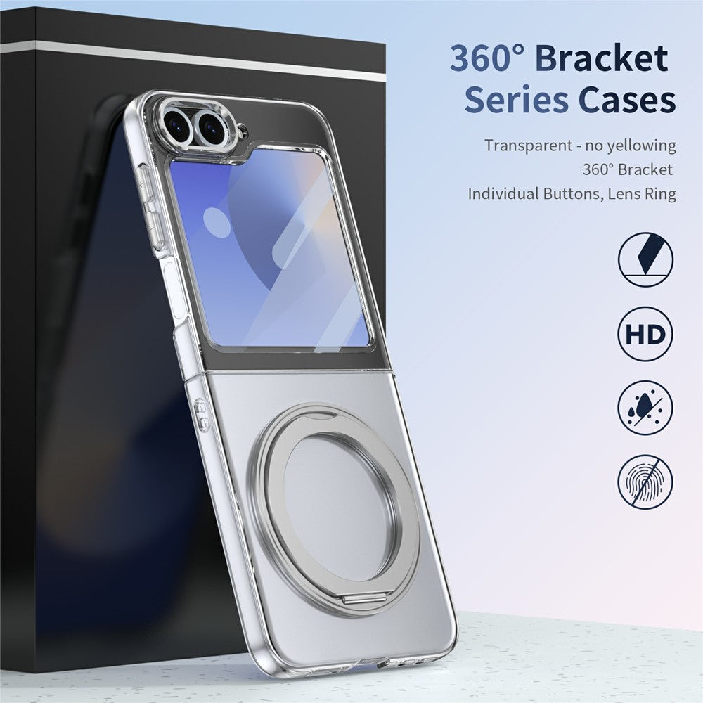 For Samsung Galaxy Z Flip7 FE 5G / Z Flip6 5G Case Magnetic Kickstand Clear PC Phone Cover with HD Screen Film - Silver