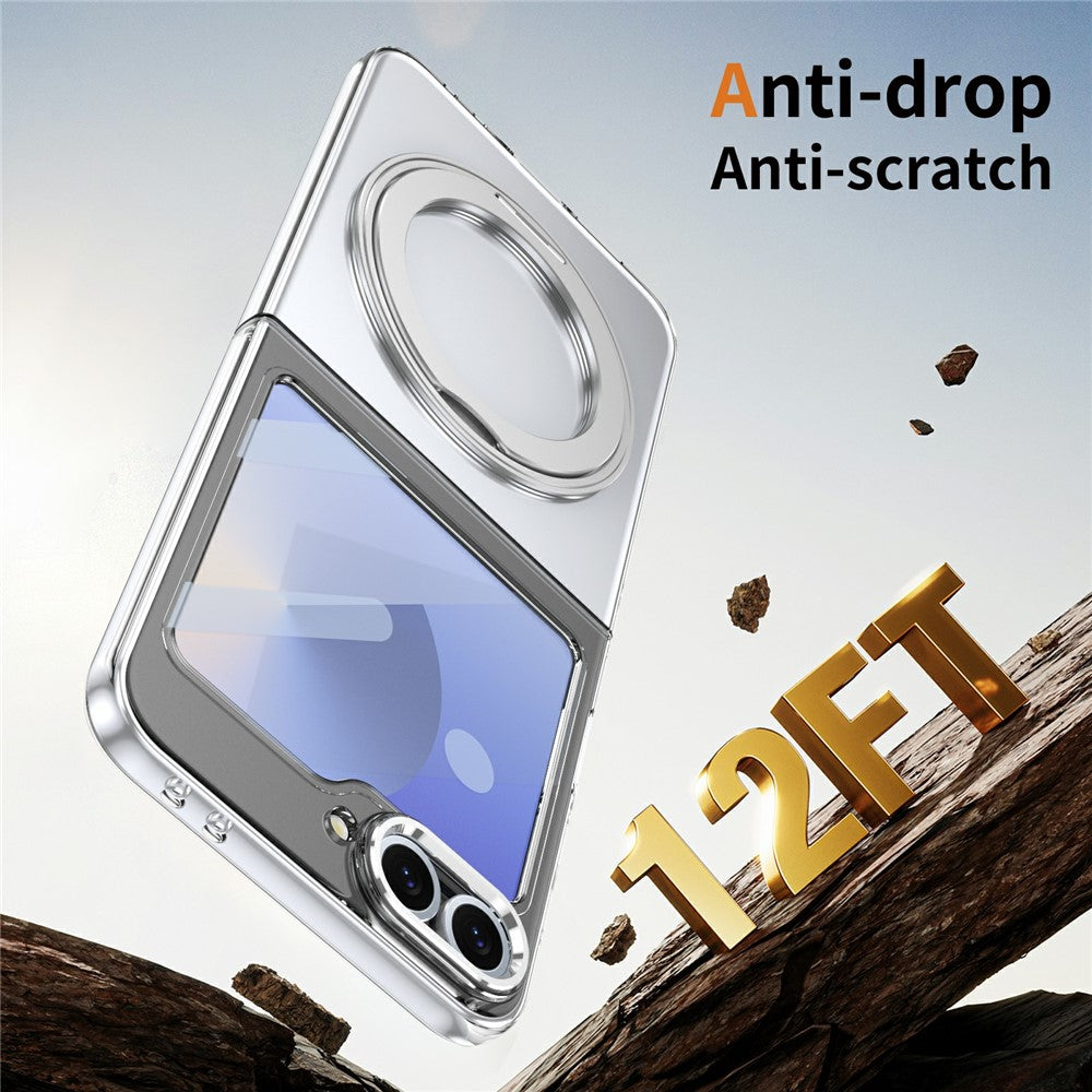 For Samsung Galaxy Z Flip7 FE 5G / Z Flip6 5G Case Magnetic Kickstand Clear PC Phone Cover with HD Screen Film - Silver