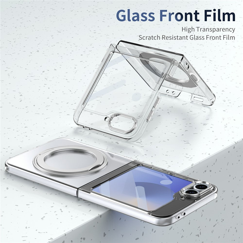 For Samsung Galaxy Z Flip7 FE 5G / Z Flip6 5G Case Magnetic Kickstand Clear PC Phone Cover with HD Screen Film - Silver