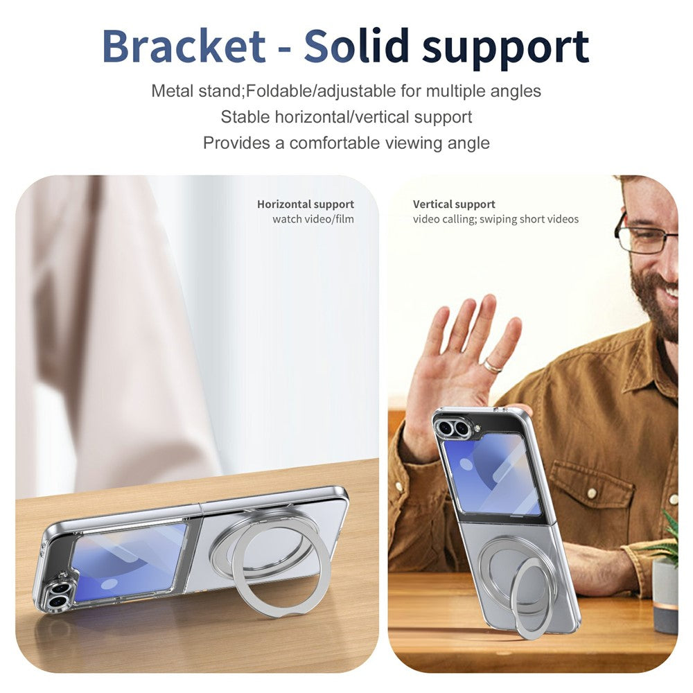 For Samsung Galaxy Z Flip7 FE 5G / Z Flip6 5G Case Magnetic Kickstand Clear PC Phone Cover with HD Screen Film - Silver