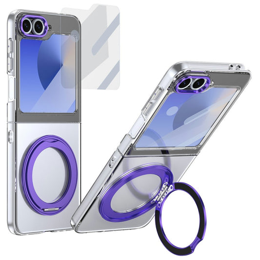For Samsung Galaxy Z Flip7 FE 5G / Z Flip6 5G Case Magnetic Kickstand Clear PC Phone Cover with HD Screen Film - Purple