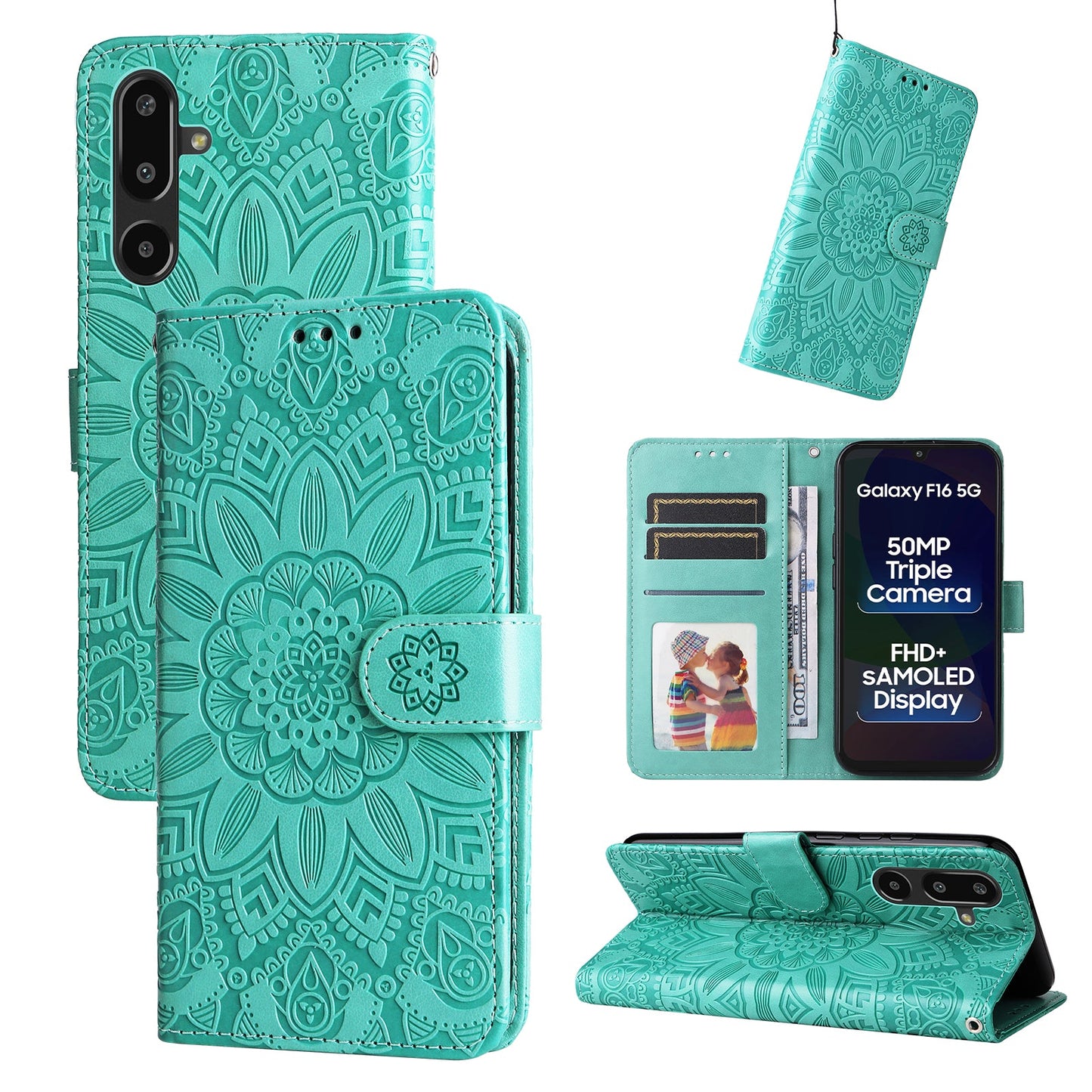 For Samsung Galaxy F16 5G / Galaxy M16 5G Case Sunflower Imprint Leather Wallet Phone Cover - Green