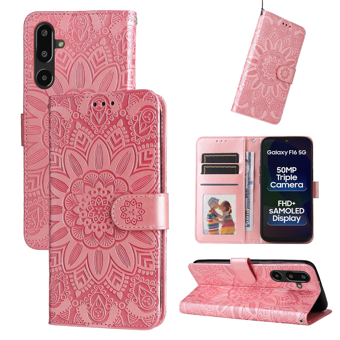 For Samsung Galaxy F16 5G / Galaxy M16 5G Case Sunflower Imprint Leather Wallet Phone Cover - Pink