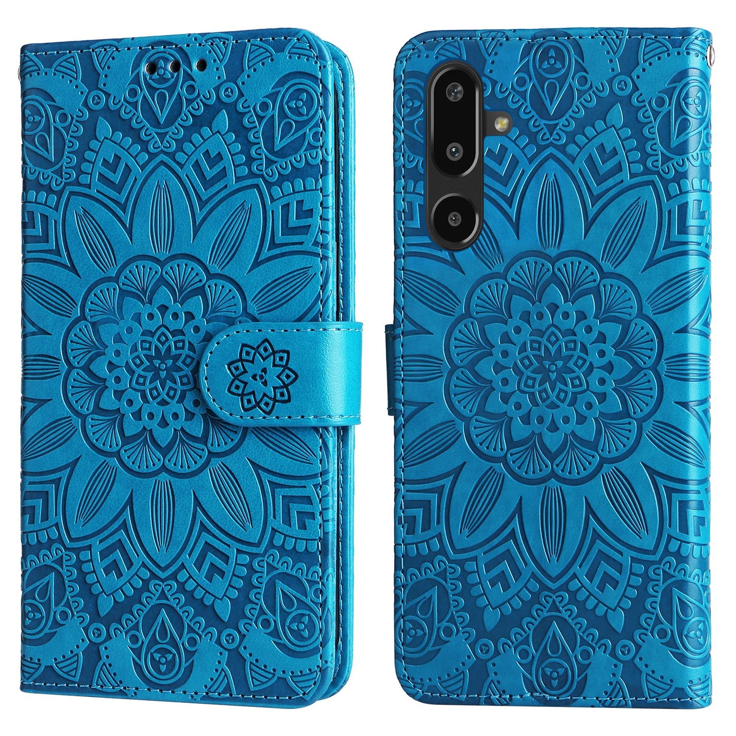 For Samsung Galaxy F16 5G / Galaxy M16 5G Case Sunflower Imprint Leather Wallet Phone Cover - Blue