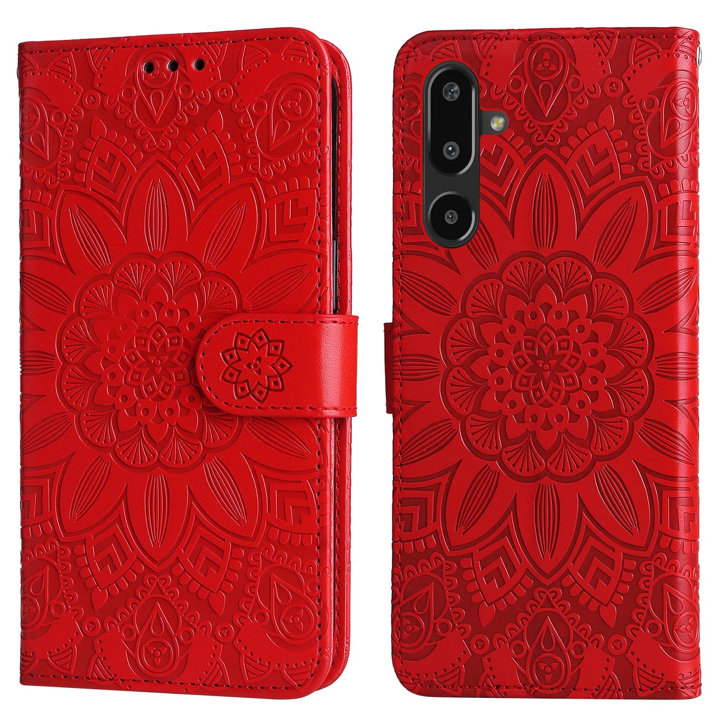 For Samsung Galaxy F16 5G / Galaxy M16 5G Case Sunflower Imprint Leather Wallet Phone Cover - Red