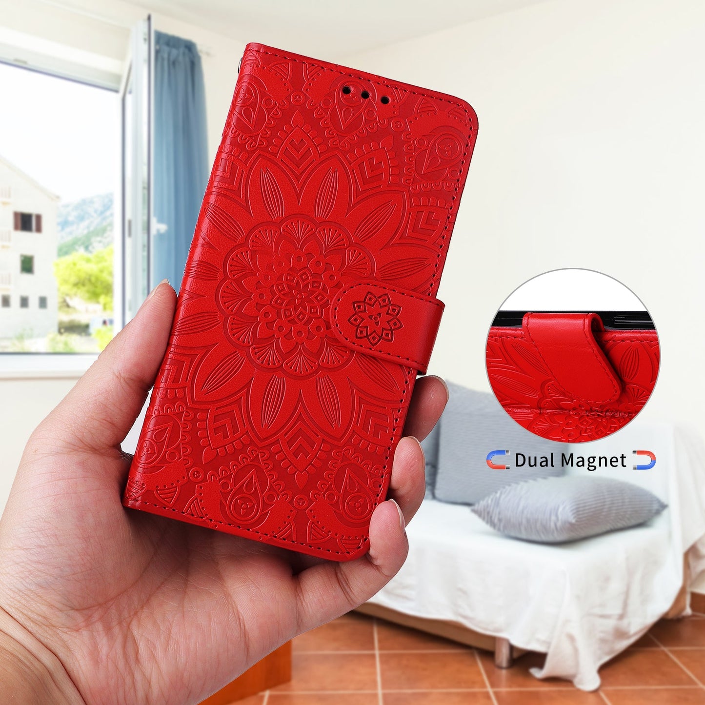 For Samsung Galaxy F16 5G / Galaxy M16 5G Case Sunflower Imprint Leather Wallet Phone Cover - Red