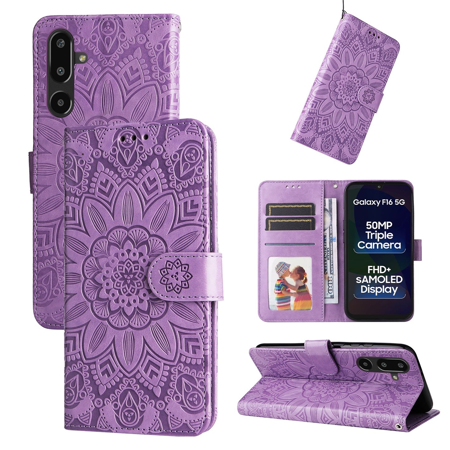 For Samsung Galaxy F16 5G / Galaxy M16 5G Case Sunflower Imprint Leather Wallet Phone Cover - Purple