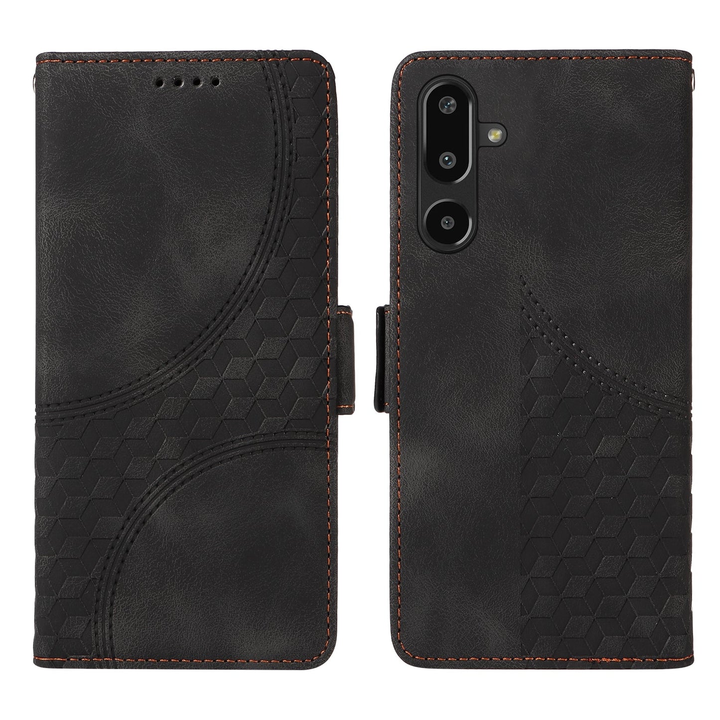For Samsung Galaxy F16 5G / Galaxy M16 5G Leather Cases Wallet Rhombus Imprinted Phone Cover Stand with Strap - Black