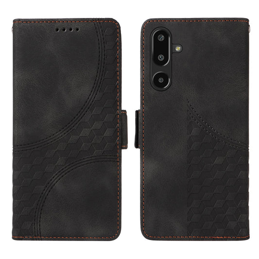 For Samsung Galaxy F16 5G / Galaxy M16 5G Leather Cases Wallet Rhombus Imprinted Phone Cover Stand with Strap - Black