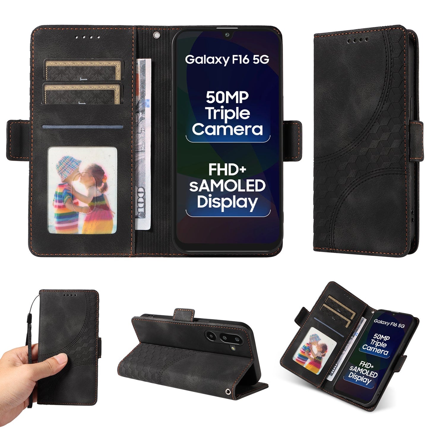 For Samsung Galaxy F16 5G / Galaxy M16 5G Leather Cases Wallet Rhombus Imprinted Phone Cover Stand with Strap - Black