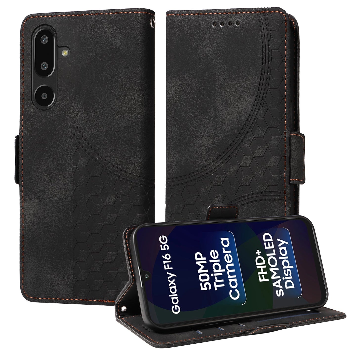 For Samsung Galaxy F16 5G / Galaxy M16 5G Leather Cases Wallet Rhombus Imprinted Phone Cover Stand with Strap - Black