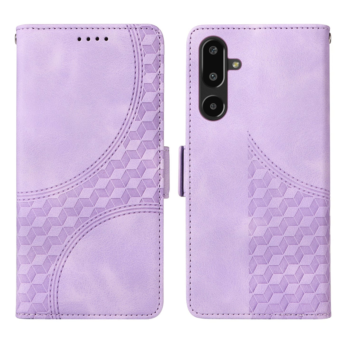 For Samsung Galaxy F16 5G / Galaxy M16 5G Leather Cases Wallet Rhombus Imprinted Phone Cover Stand with Strap - Purple