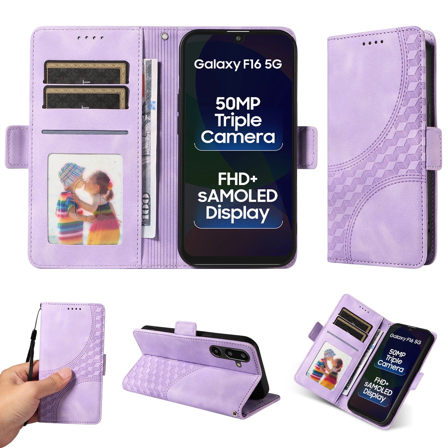 For Samsung Galaxy F16 5G / Galaxy M16 5G Leather Cases Wallet Rhombus Imprinted Phone Cover Stand with Strap - Purple