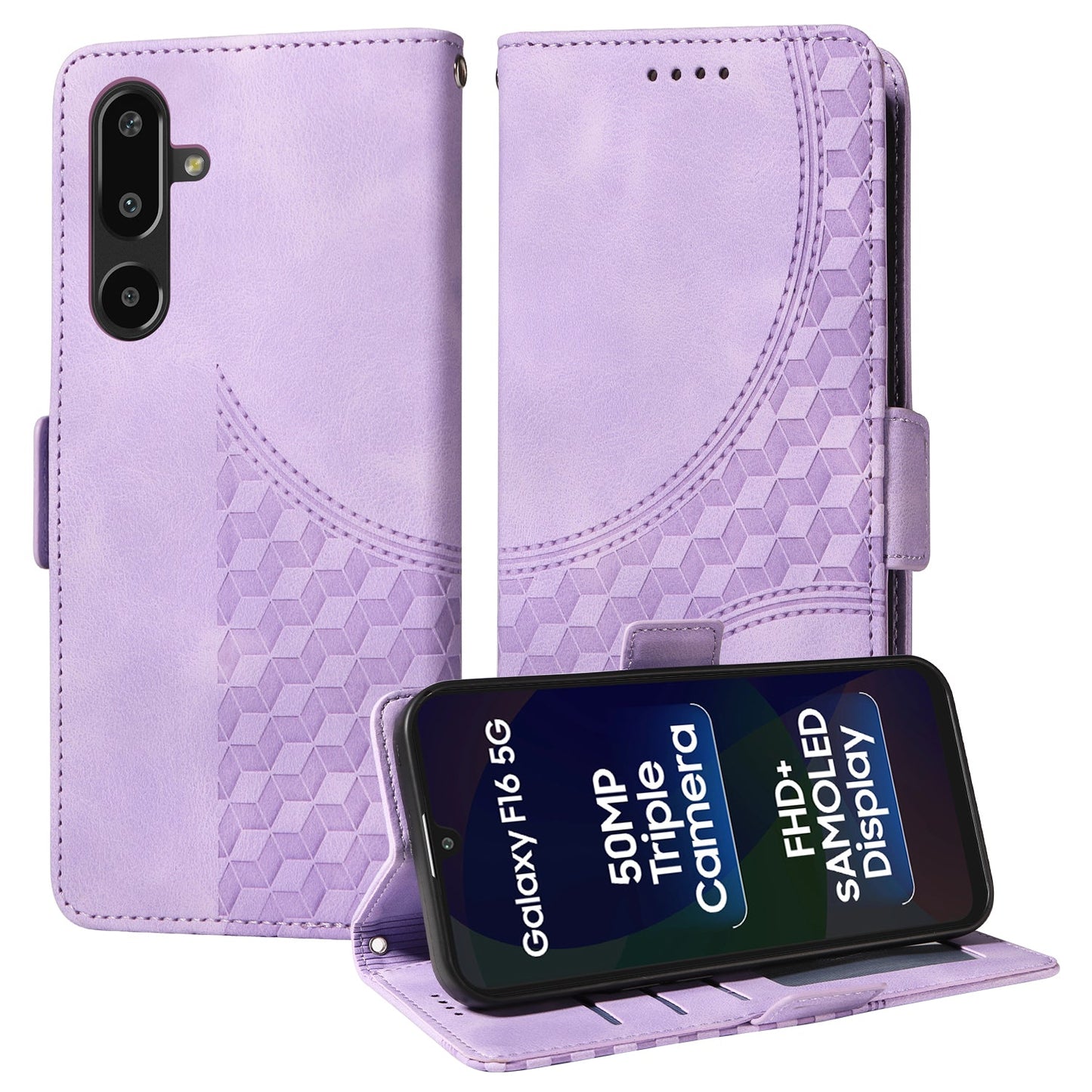 For Samsung Galaxy F16 5G / Galaxy M16 5G Leather Cases Wallet Rhombus Imprinted Phone Cover Stand with Strap - Purple