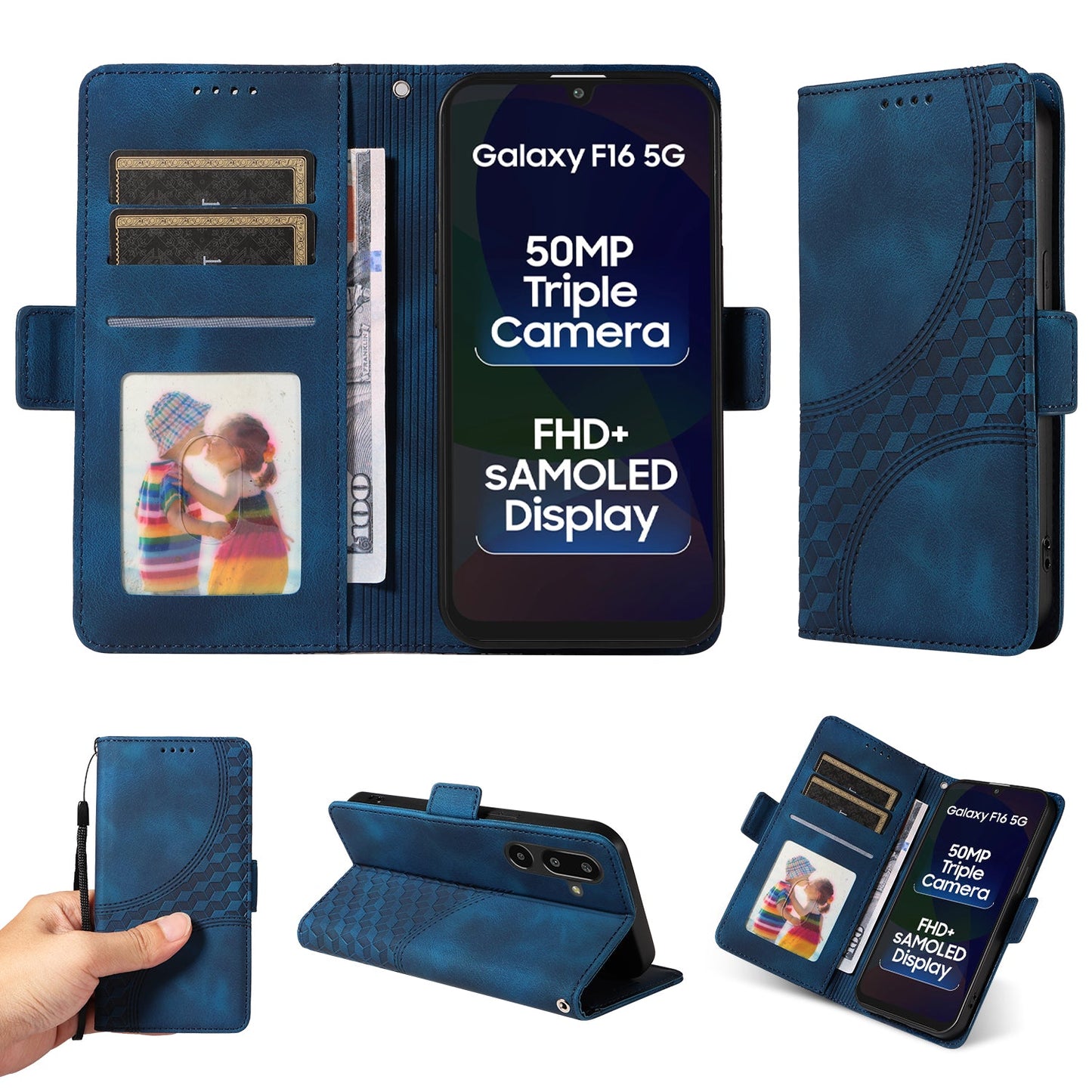 For Samsung Galaxy F16 5G / Galaxy M16 5G Leather Cases Wallet Rhombus Imprinted Phone Cover Stand with Strap - Blue